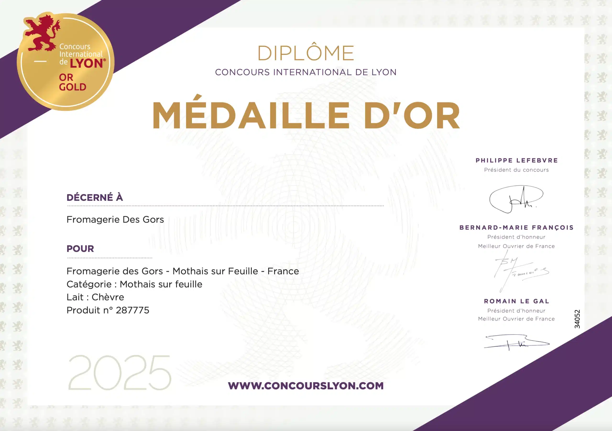 Médaille d'Or 2025 Meilleur Mothais sur feuille concours de Lyon